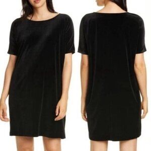 EILEEN FISHER black velvet boxy midi dress shirt sleeves